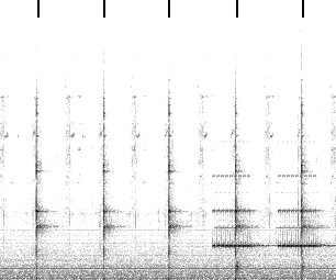 This is the spectrogram of the sounds in Figure 3(time on the x-axis, increasing frequency on the y-axis,dark color corresponds to activity).  The top of the spectrogramis marked to show the five sample times selected automatically.  Between these times, there are patches of soundcorresponding to the sound of springs in the fingers.The last two samples have the sound of a phone superimposed on them.