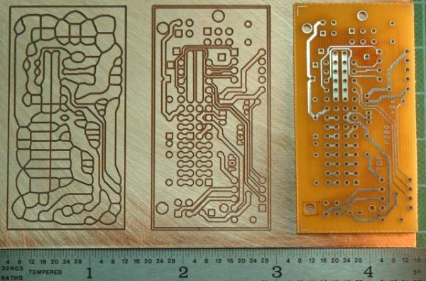 the same printed circuit board manufactured by traditional photochemical process (right); by mechanical etch with standard outline toolpaths (middle); with Voronoi toolpaths (left)