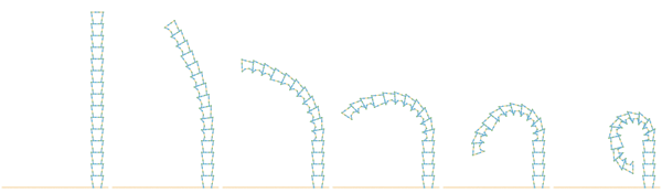 Six stills from a simulation of bending a MultiShady tower.