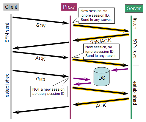 Simplified illustration of the initiation of a TCP session through an anycast proxy.