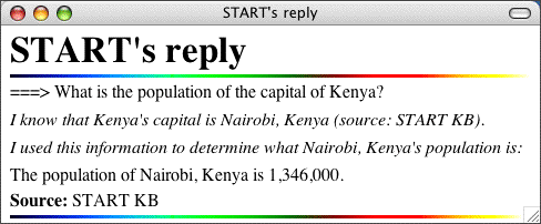 screen shot of START answering “What is the population of the capital of Kenya?”