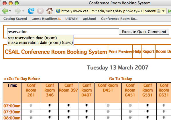 Screenshot of Quick Command Box on the CSAIL Reservations website